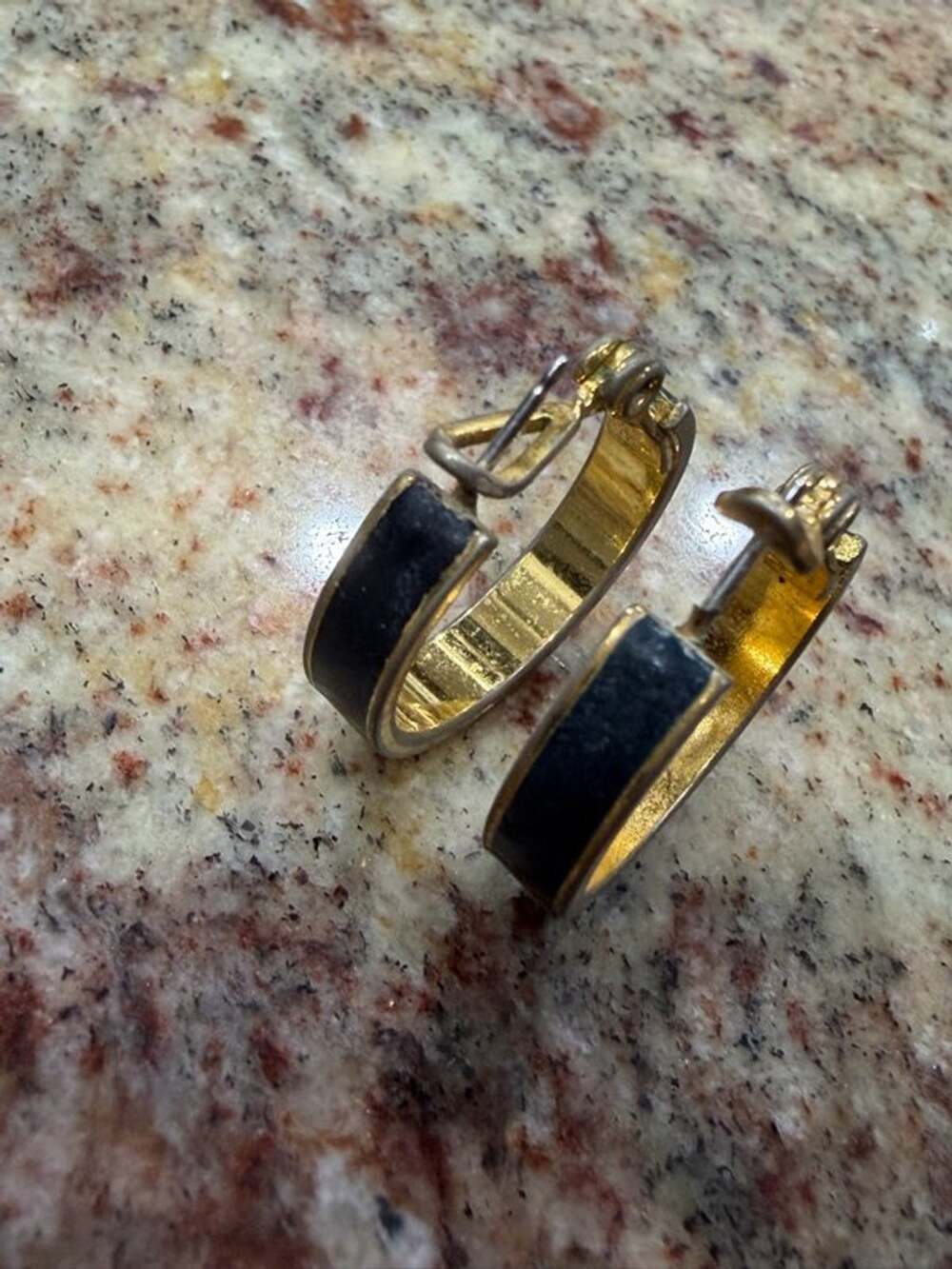 Monet Vintage Black Enamel Gold-Tone Hoop Earrings